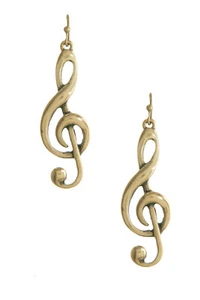 Music Clef Earrings Light Worn Finish Plain Simple Silver-Tone or Gold-Tone 2” - Picture 1 of 5