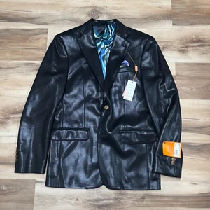 Tallia Blazer Mens 38R Black Faux Leather Shiny Evening 2 Button Sport Coat $295 - Picture 1 of 13