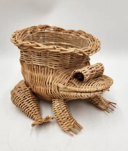 Vintage Wicker Frog Basket Planter w/Marble Eyes Has Plastic Liner - Picture 1 of 14