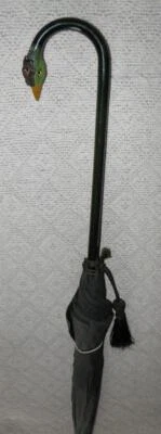 Antique Green Silk Umbrella Painted Bird Pheasant Head Crook Handle Glass Eyes - Image 1 of 4