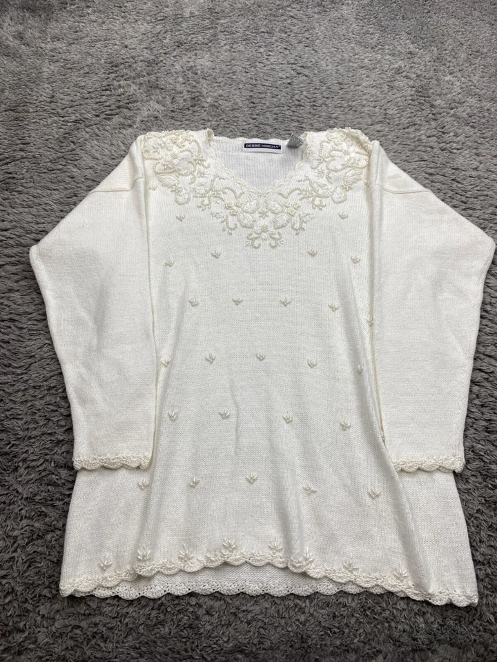 Suéter De Colección Debbie Morgan Mujer Mediano Blanco Perla Cuentas Bordado Cuello en V Foto 1 de 4