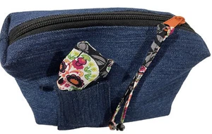 Upcycled Denim Bag,Repurposed Jeans,Cosmetic, Day of the Dead,Sugar Skull Lining - Picture 1 of 7
