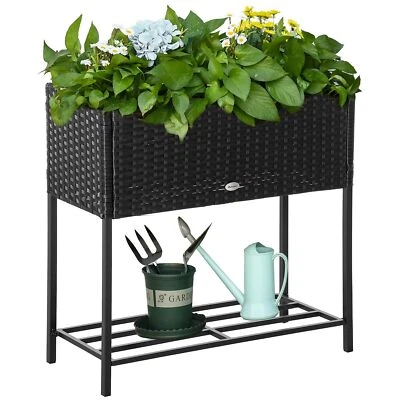 Rattan Wicker Raised Garden Bed Flower Vegetables Rack Shelf Outdoor Planter Box - Image 1 of 4