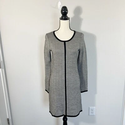 Cynthia Rowley 毛衣连衣裙黑色灰色条纹 LS 100% 美利奴羊毛 XS 码 — 第 1/4 张图片