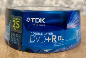 TDK Double Layer DVD+R DL 8.5GB 8X Blank Disc 25 Pack NEW 4 Hours Life On Record - Afbeelding 1 van 7