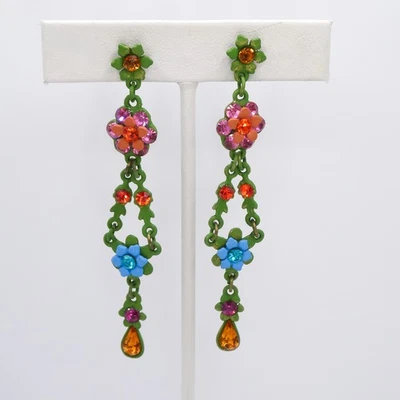Pendientes perforados colgantes de 3" con flores de estrás color esmalte en Y para mujer  Foto 1 de 4