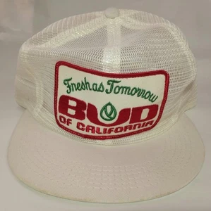 BUD Of California Cap Logo Farmer Snapback Trucker Hat Vintage Mesh White - Picture 1 of 4