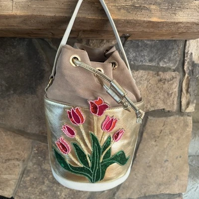 Sharif Pink Tulips On Gold Leather Purse Shoulder Bucket Bag Cross Body Strap - Image 1 of 4