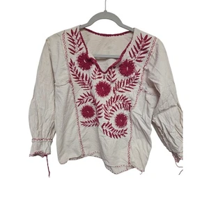 Vintage Mexican Embroidered Peasant Blouse Floral Red White Bohemian Top - Picture 1 of 5