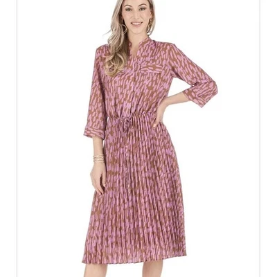 Vestido camisero plisado Jade Melody Tam M rosa marrón midi manga 3/4 pincel trazo Foto 1 de 4