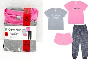 Calvin Klein Youth Girls 4 Piece Sleep Pajama Set Pink/Charcoal | NWT - Picture 1 of 7