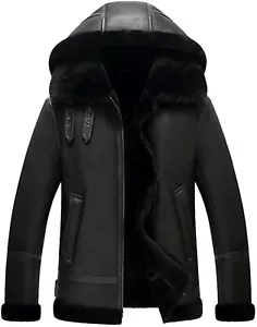 Abrigo de piel de bombardero B3 para hombre Chaqueta de aviador Chaqueta de cuero de piel con capucha negra - Imagen 1 de 4
