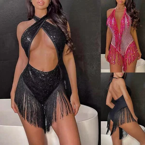 Womens Bodysuit Sequined Jumpsuit Dress Leotard Latin Costume One-piece V Neck - Picture 1 of 32