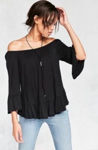 ZARA WOMAN OFF THE SHOULDER BLACK RUFFLE BLOUSE TOP SZ XS - Picture 1 of 9