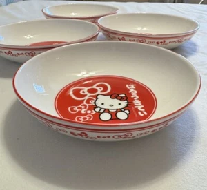 Hello Kitty San Rio 9" Ceramic Pasta Bowl Red & White Bows Set Of 4 NEW - Picture 1 of 6