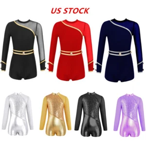 US Kids Girls Sequins Ballet Dance Gymnastics Leotards Athletic Bodysuit Unitard - Picture 1 of 44