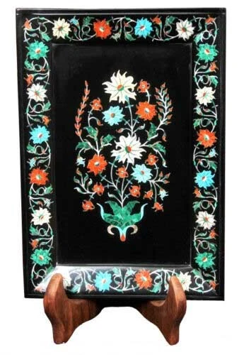 Bandeja de mármol negro de 8" x 6" con incrustaciones de piedras semipreciosas artesanía decoración del hogar Foto 1 de 1