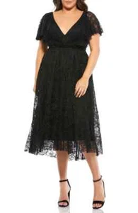 Mac Duggal Black Flutter Sleeve Lace Beaded Waist Midi Cocktail Dress 14W $358 - Picture 1 of 3
