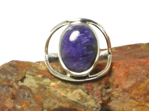 Purple Oval Charoite Sterling Silver 925 Gemstone Statement Ring - Picture 1 of 4