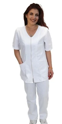 Divisa COMPLETA INFERMIERE Bianca ZIP SANITARIA Oss Da Lavoro OSPEDALE ESTETICA - Immagine 1 di 4