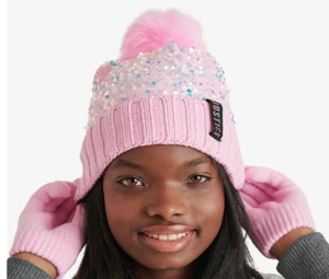 Justice Girls Sequin Beanie Hat with Pom and Gloves, 2-Piece Set PINK NEW - Picture 1 of 13