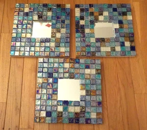 Set of 3 IKEA Malma, Heavy Mosaic Iridescent Tile Mirrors, 10x10 inch, GORGEOUS - Picture 1 of 10