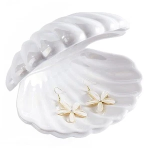 Shell Jewelry Dish Tray, Ceramic Trinket Tray Clamshell Jewelry Storage White - Picture 1 of 8