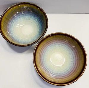 2er Set Bill Campbell Studiokeramik Spirale Wirbel Tropfglasur Schüsseln 6" blau/braun - Bild 1 von 15