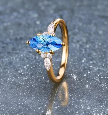 Anillo de compromiso de zafiro talla marquesa chapado en oro de 14 quilates circonita cúbica anillo de promesa de diamantes Foto 1 de 4