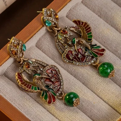 Gorgeous Humming Bird High End Statement Earrings Enamel Rhinestones Gold Tone — 第 1/4 张图片