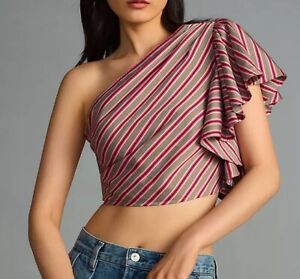 NWT Maeve Anthropologie Pink Stripe One Shoulder Ruffle blouse Top Cropped M