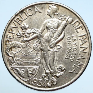 1934 PANAMA Large CONQUISTADOR BALBOA Liberty Vintage OLD Silver Coin i99028 - Picture 1 of 3