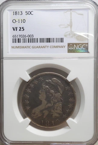1813 Capped Bust Half Dollar, Variety O-110, die clash, NGC VF25, beautiful coin Cover