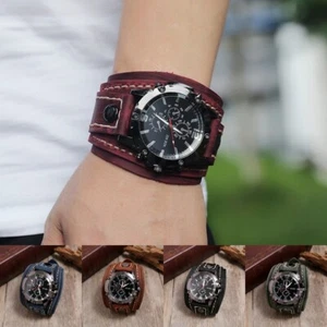 Military Retro Genuine Leather Strap Watch Men Punk Quartz Cuff Watch Wristwatch - Picture 1 of 15