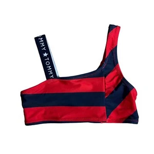 Tommy Hilfiger Bikini Top Girls Size M Logo Strap Red Blue StripeNEW - Picture 1 of 4
