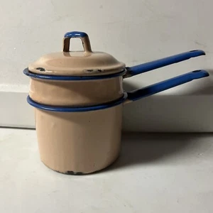 Vintage Small Double Boiler Pot Pink & Blue Enamel Graniteware 6” Tall - Picture 1 of 10
