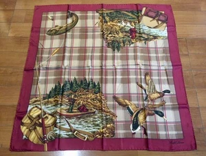 Ralph Lauren 90s 100% Silk Lure Fishing Brown/Burgundy Plaid Check 87 x 88cm - Bild 1 von 24
