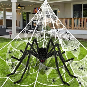 Decoracion halloween esterno telarana gigante triangolo con aranas falsas set - Foto 1 di 12
