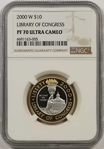 2000-W Congress Library Commemorative $10 PF 70 Ultra Cameo NGC Bi-Metallic - Picture 1 of 4