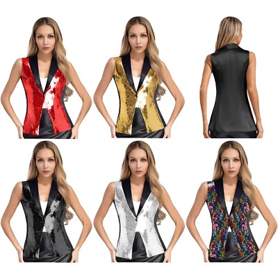 Women Sparkly Waistcoat V-neck Sequin Vest Pageant Sleeveless Jacket Hot - Image 1 of 4