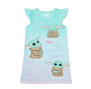 Star Wars The Mandalorian Girls Green Baby Yoda Short Sleeve Pajma Nightgown 4/5 - Picture 1 of 3