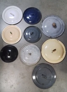 9Vintage Enamelware Lid Only Lot grey Speckle Splatter yellow black variety - Picture 1 of 7