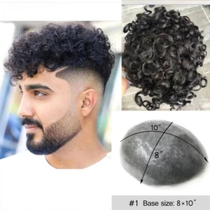 Afro Curly 6-8-10-15-20mm Mens Toupee Full Poly Skin Pu Hair System Replacement - Picture 1 of 27