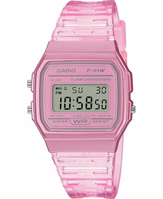 Casio F91WS-4, Digital Chronograph Watch, Pink Jelly Resin Band, Alarm, Date,NEW - Image 1 of 2
