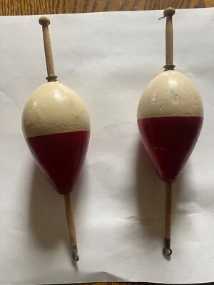 2 Vintage Wooden Fishing Bobbers Very Nice Red and White - Image 1 of 4