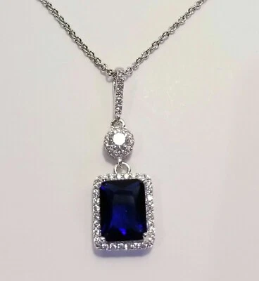 2.50Ct Emerald Cut Blue Sapphire Halo Pendant 14K White Gold Finish Free Chain - Image 1 of 4