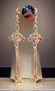 Rainbow Topaz Crowned Golden Puffed Heart Tassel Dangle 14K GF Drop Earrings - Picture 1 of 8