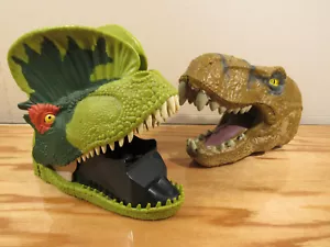 UNO Attack Jurassic World Dilophodaurus Dinosaur Head + 2014 T-Rex Hand Puppet - Picture 1 of 11