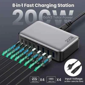 8 Porte 200W Multi USB C Caricatore Tipo C PD 65W Stazione di Ricarica Rapida per iPhone - Foto 1 di 9