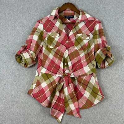 Jones New York Shirt Women Small Pink Green Plaid 100% Linen Roll Tab Sleeve - Image 1 of 4